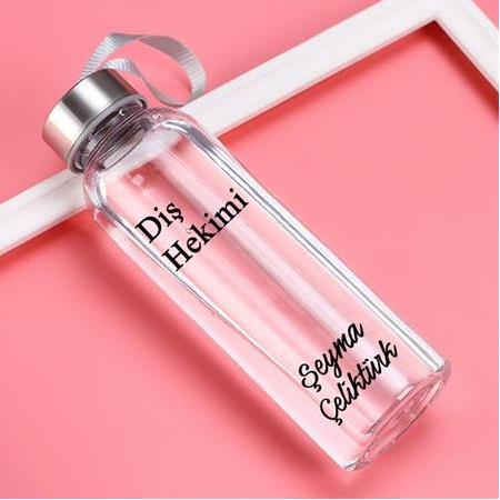 Kişiye Özel Diş Hekimi Cam Su Şişesi Matara  (Kılıf Hediye)