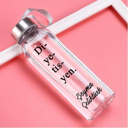 Kişiye Özel Diyetisyen Cam Su Şişesi Matara  (Kılıf Hediye)