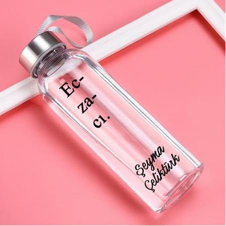 Kişiye Özel Eczacı Cam Su Şişesi Matara (Kılıf Hediyeli)