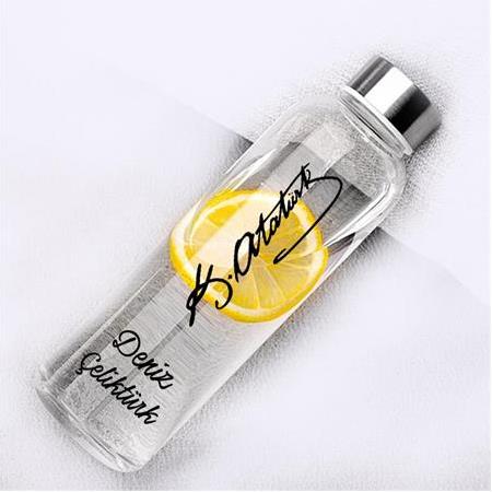 İmza Atatürk Tasarım Cam Su Şişesi Matara  (Kılıf Hediyeli)