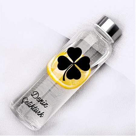 Kişiye Özel Yonca Cam Su Şişesi Matara Kılıf Hediye