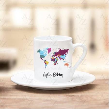 Kişiye Özel Renkli Dünya Haritası Tasarım Kahve Fincanı